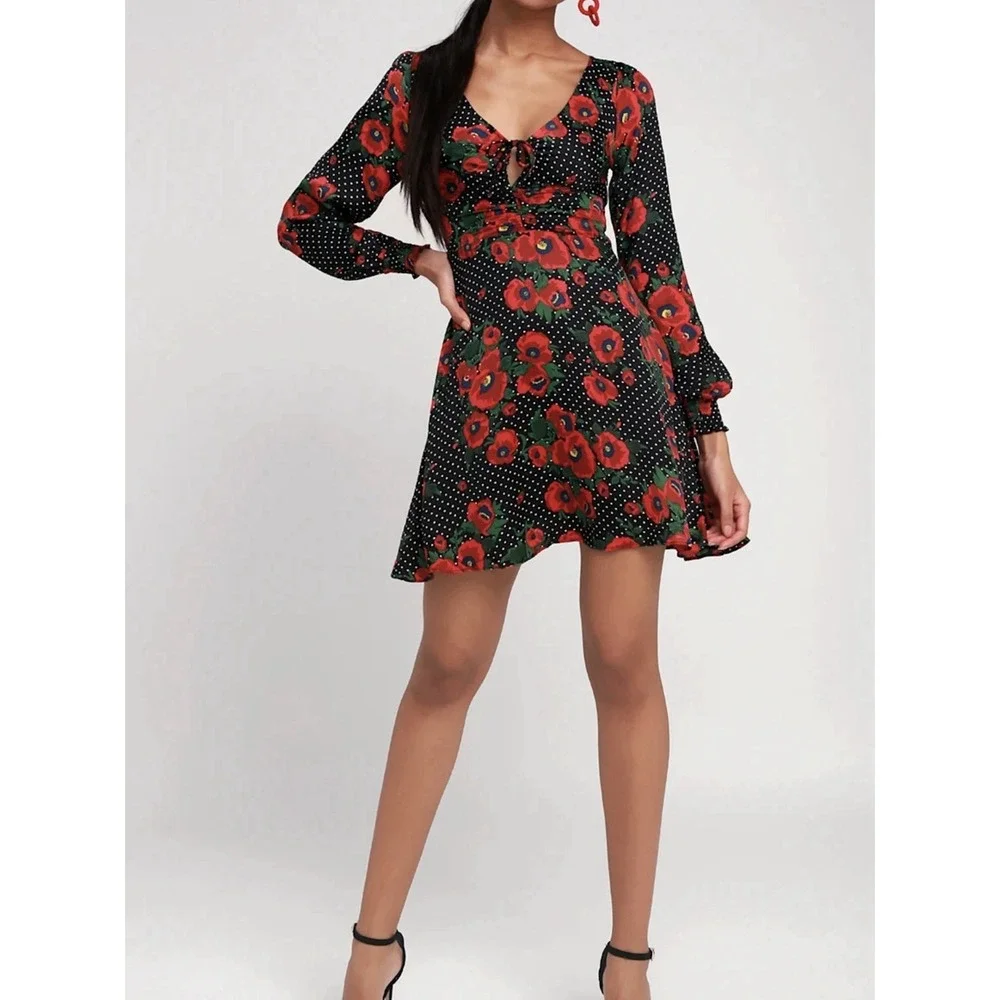 Free People Black Red Floral Mini Dress Balloon Sleeve Peasant Fairy Western